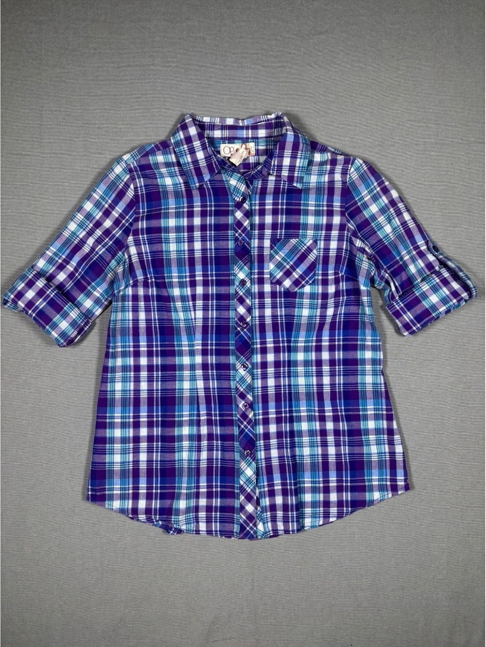 Ocean Pacific Plaid Button Up Shirt Womens Small Purple Blue Cotton Roll Tab
